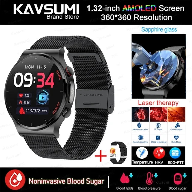 Blood Sugar Smartwatch ECG PPG Heart Rate Laser Treatment Sapphire Glass - Tamnz