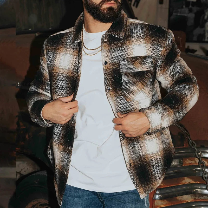 Men’s Flannel Shirt Jacket Casual Long Sleeve Lapel Collar Plaid Print Button Up Shacket Jacket Outwear - Tamnz