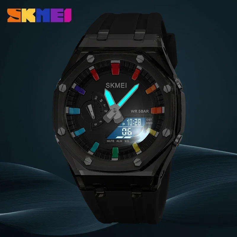 SKMEI Waterproof Men Watch Countdown Stopwatch Led Light Electronic Movement Wristwatch 5Alarm Clock 2 Time Digital Watches 2100 - TaMNz