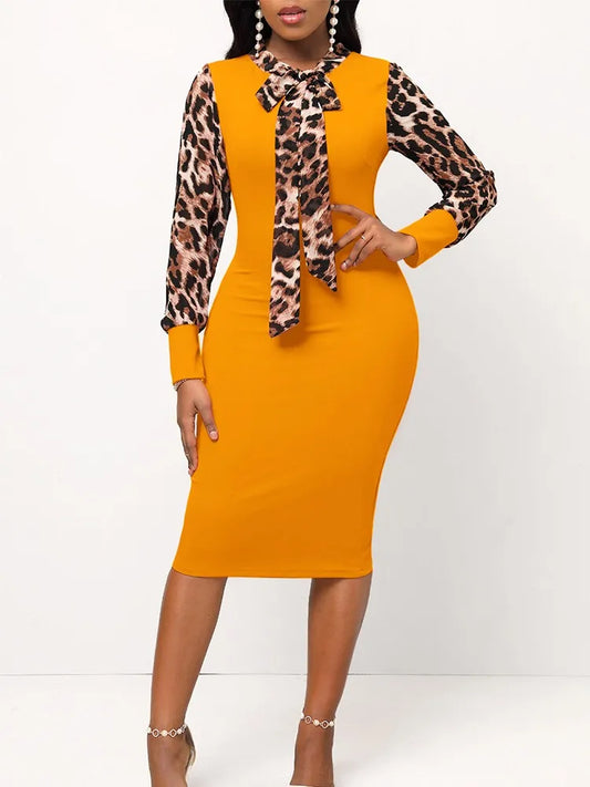 Women's Long Sleeved Leopard Print Dress, Elegant Midi Robe, Round Neck, Office Lady, Summer, Female - TaMNz