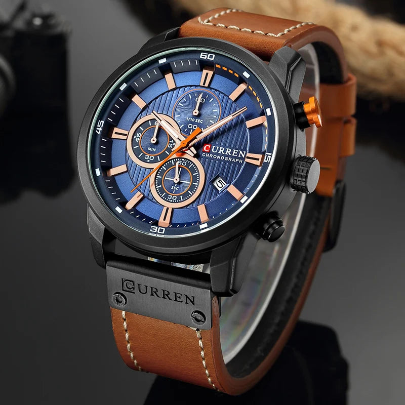 CURREN Men Watch Top Brand Luxury Chronograph Auto Date Waterproof Sport Male Clock Leather Military Original Wristwatch 8291