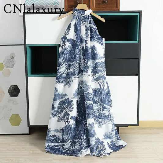 Women Oil Painting Print Strapless Party Dress Summer Ladies Sexy Sleeveless Loose Long Robe Holiday Vestidos - TaMNz