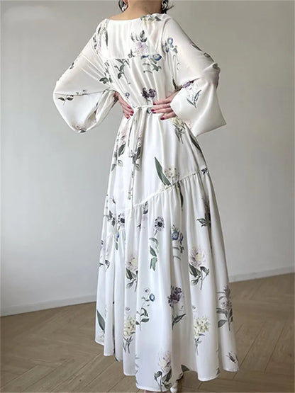Holiday Midi Dresses for Women 2023 Summer French Fashion Print O Neck Lantern Sleeve Female Clothes Elegant Loose Vintage Dress - TaMNz