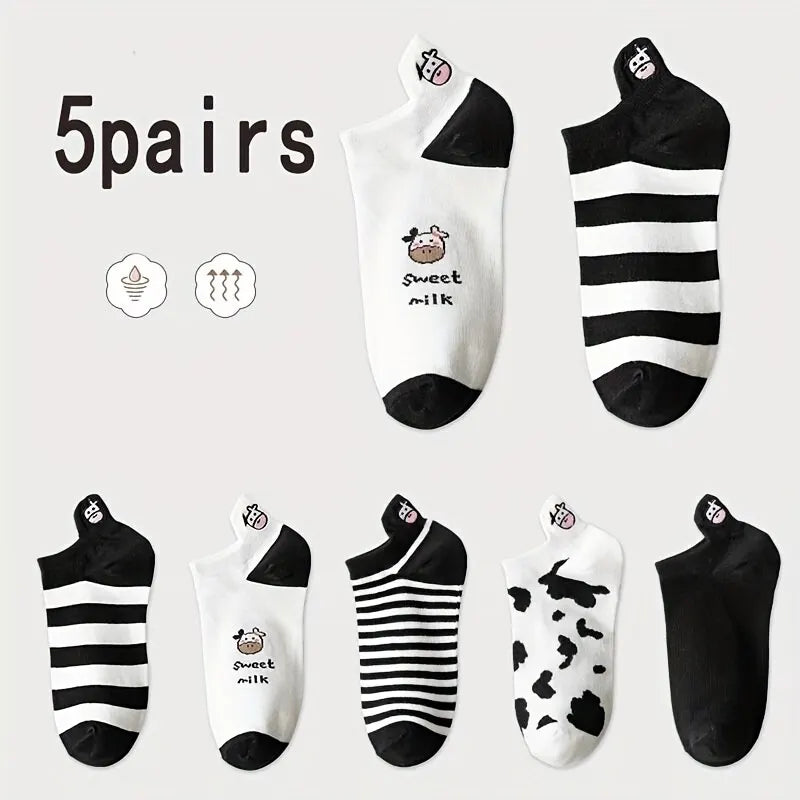 5 Pairs Womens Socks Lovely Cow Pattern Short Socks Creative Printing Socks Ankle Sock - TaMNz