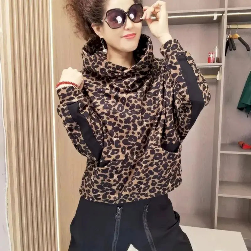 Fashion Hoodies Women Leopard Lamb Wool Hooded Coat 2024 Spring Autumn Trendy Plush Baseball Suit Korean Loose Thicken Hoodie