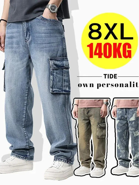 American Casual Jeans Men's Retro Big Pocket Denim Pants 8XL Oversize Loose Trousers Mens Fashion Clothing Hip Hop Streetwear - TaMNz