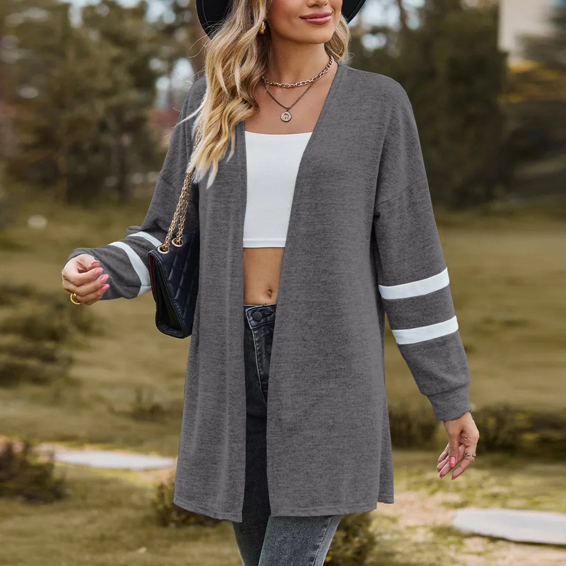 Autumn Clothing Knit Cardigan for Women Knitwears Pink Grey Long Sleeve Top Open Stitch - TaMNz