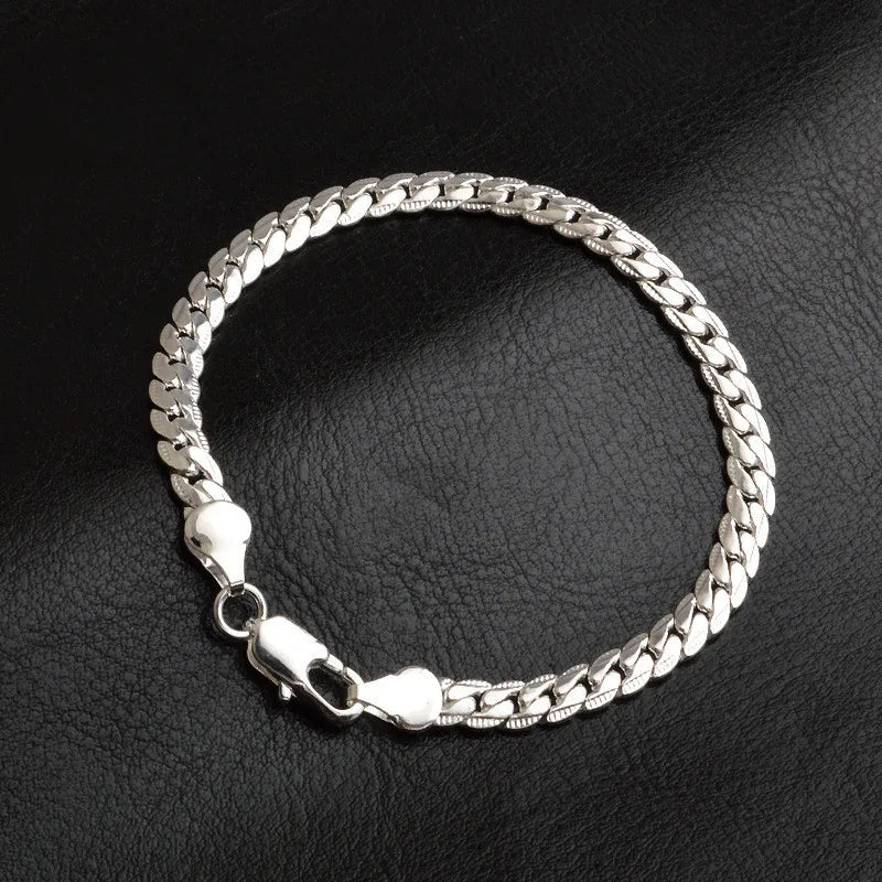 925 Sterling Silver Bracelet 6mm 18/20cm Flat Side Chain Lobster Clasp For Woman Man Wedding Engagement Jewelry