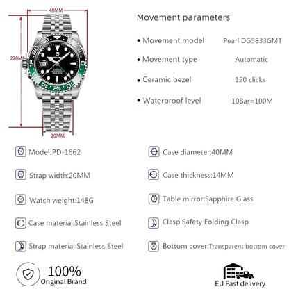 Men Mechanical Wristwatch Sapphire Glass Stainless Steel 100M Waterproof Automatic Watches - TaMNz