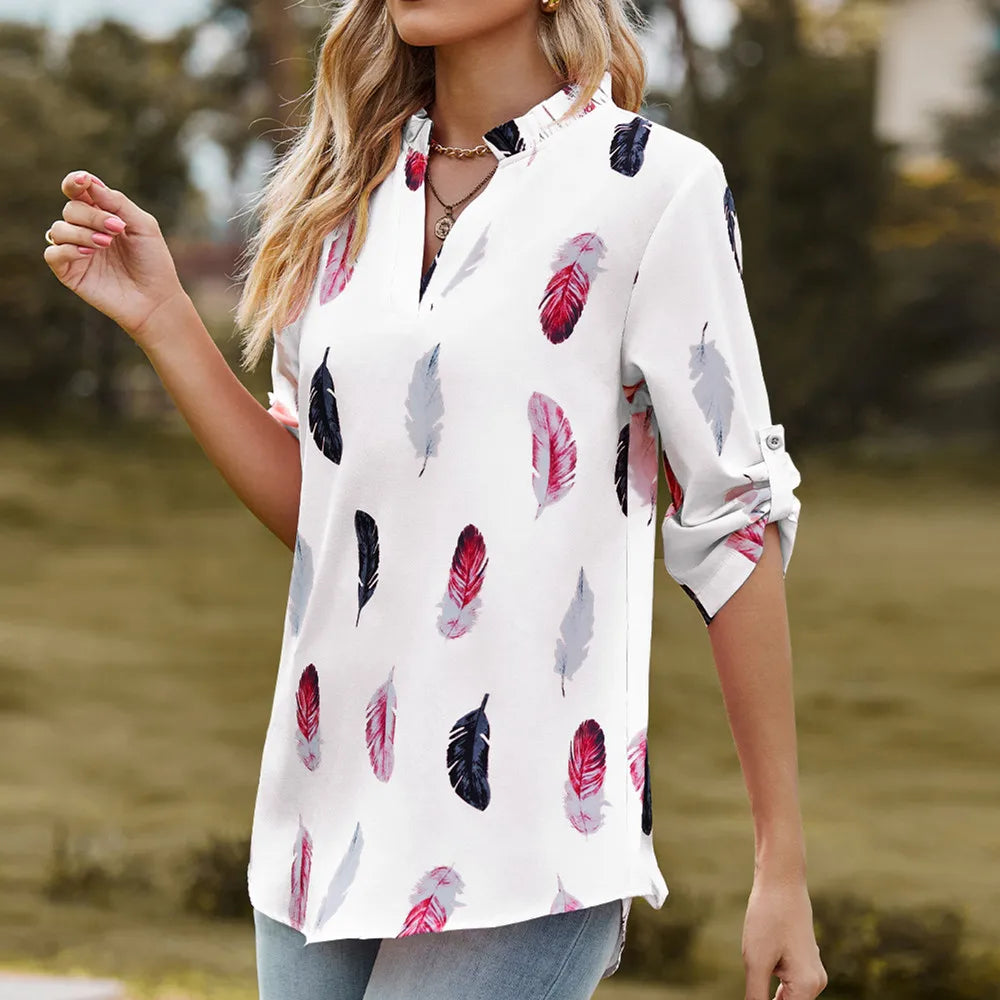 Half Sleeve Feather Red White Green Grey Pink Female Tops Chiffon Women's Clothing - TaMNz