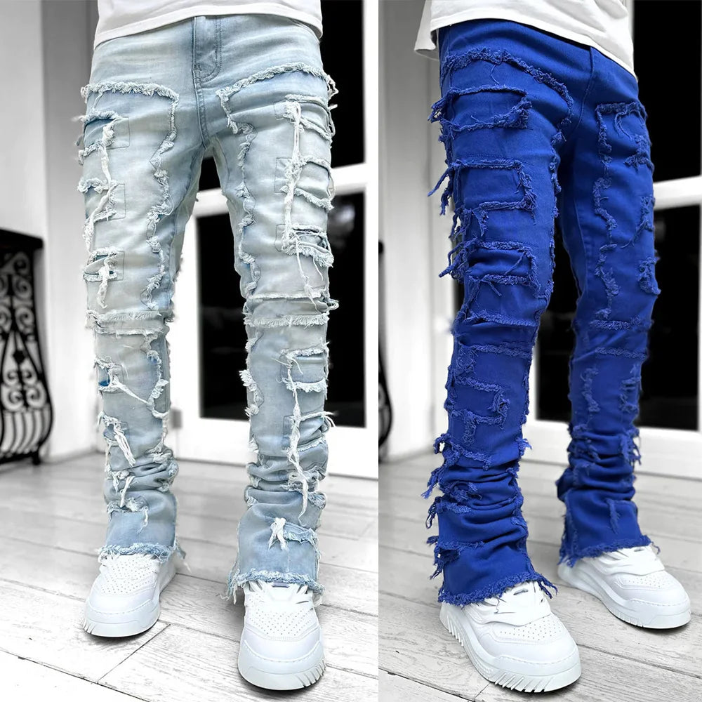 Street fashion ins hot style elastic patch denim straight-leg pants new men's fashion retro denim trousers - TaMNz