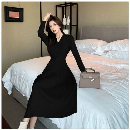 Women's Knitted Dress with Belt Single-breasted Autumn Winter Thicken Sweater Dress Female A-line soft Elegant Pleated Skirt - TaMNz