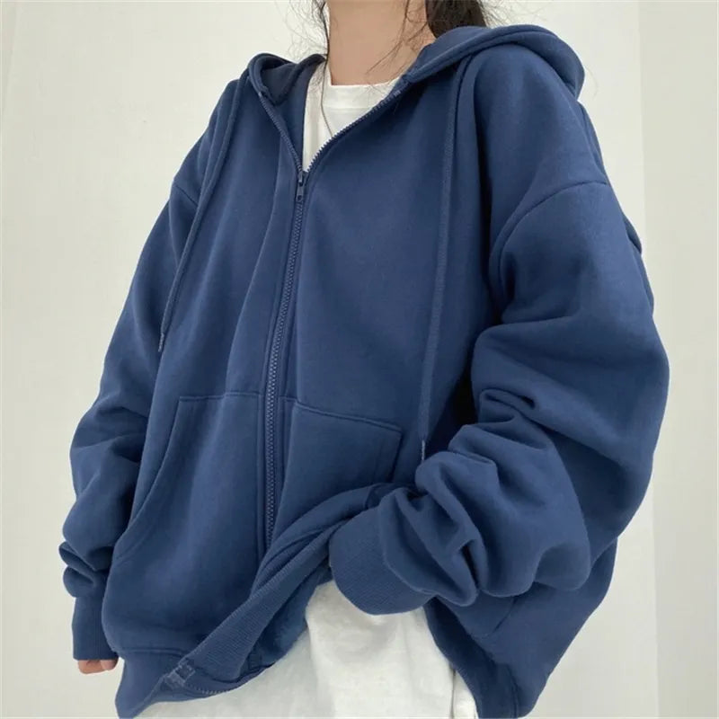 Women Hoodies Solid Colour Zip-Up Pocket Oversized Harajuku Female Long Sleeve Hooded Streetwear - TaMNz