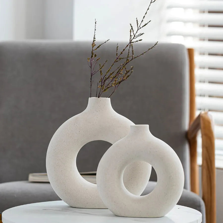 Nordic Vase Circular Hollow Ceramic Donuts Flower Pot Home Living Room Decoration Accessories Interior Office Desktop Decor Gift - TaMNz