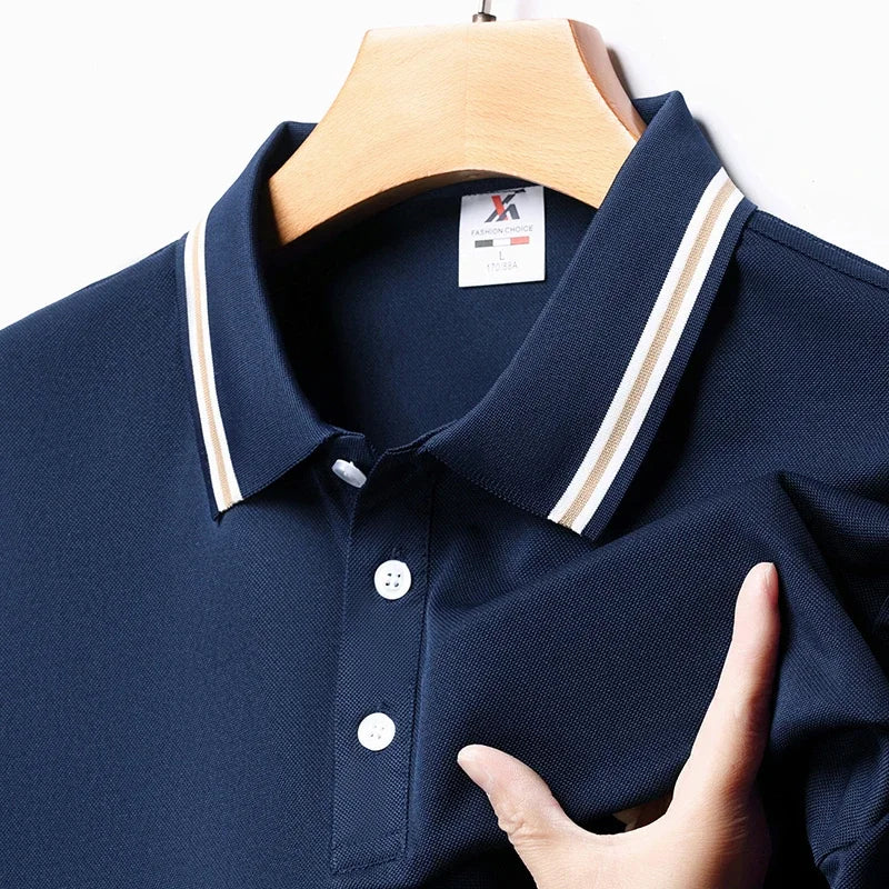 Men's Fashion Solid Short Sleeved Striped Lapel Polo Shirt Summer Breathable Comfortable Top - TaMNz