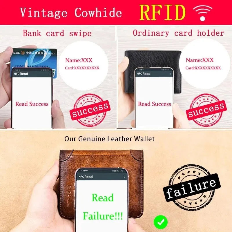 Genuine Leather Rfid Protection Wallets for Men Vintage Thin Short Multi Function ID Credit Card Holder Money Bag - TaMNz