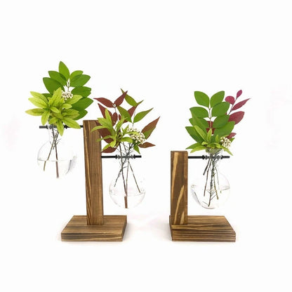 Terrarium Hydroponic Plant Vases Vintage Flower Pot Transparent Vase Wooden Frame Glass Tabletop Plants Home Bonsai Decor