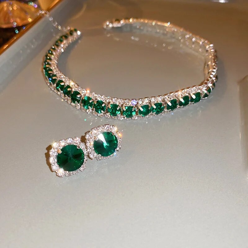 Luxury Necklace Earrings Sets Green Crystal Necklace Women Weddings Bride Jewelry Accessories - TaMNz