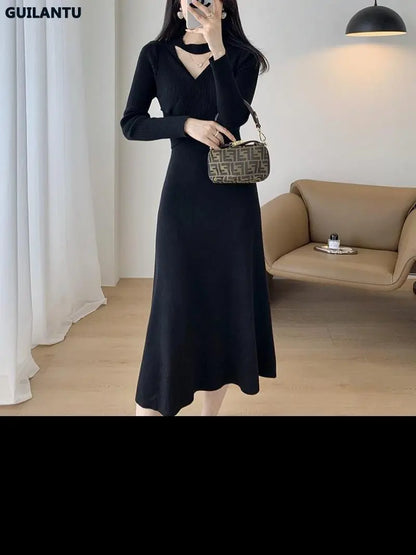 Women's Pullover Knitting Dresses V Neck Long Sleeve Bandahe Black Midi Dress Korean Style Elegant Vintage Sweater Knit Dress - Tamnz