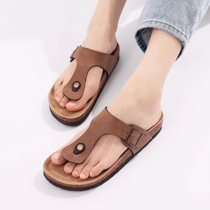 Comwarm 2024 Cork Flip Flops For Women Men Flats Sandals Leather Summer House Slides Open Toe Beach Shoes With Adjustable Buckle