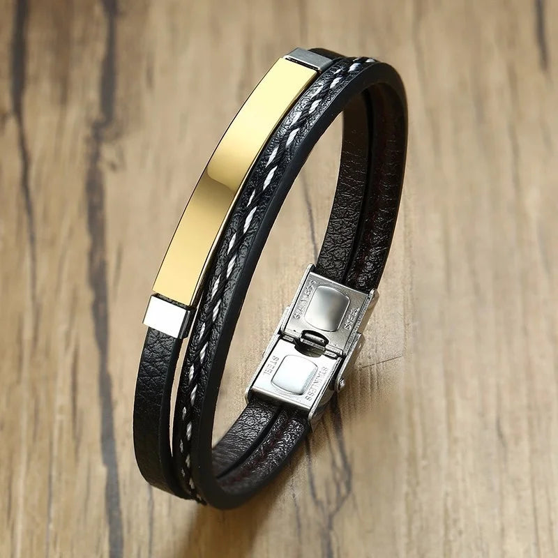 Delysia King Trendy Men Leatherwear Weave Bracelet Leisure Color Contrast Stainless Steel Bangle - TaMNz