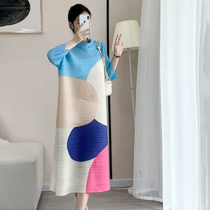 Miyake Women Pleated Dress Geometric Print Long Sleeve Half Turtleneck French Casual - TaMNz