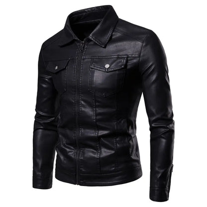 Autumn Winter New Mens Leather Jackets Black PU Coat Fashion Slim Fit Turn Down Collar Multi Pocket Zipper Faux Leather Jacket - TaMNz