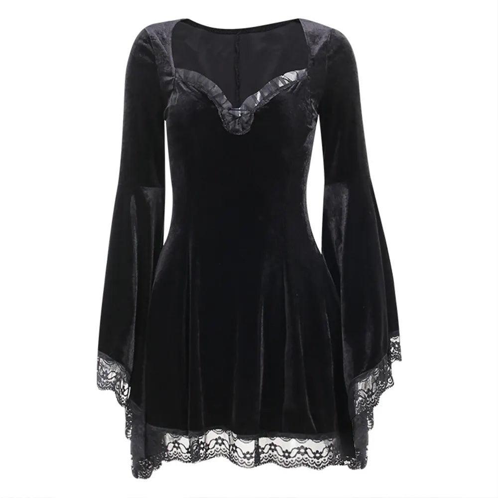 Vintage Dress Women Gothic Lace V-Neck Witch Long Sleeves Dresses - Tamnz