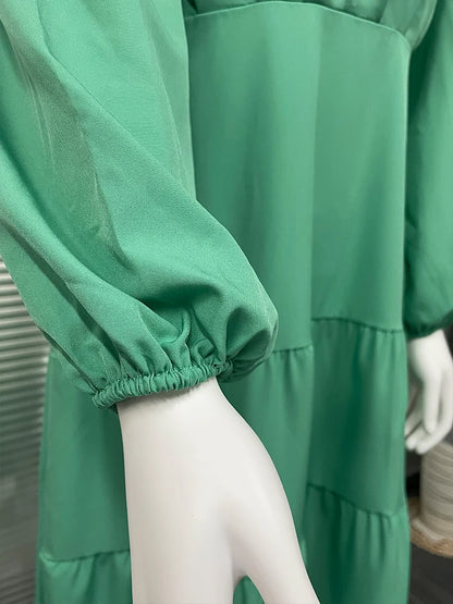 Drauuing Green V Neck Fold Hem Long Sleeve Maxi Dresses Women Elegant Hight Waist Loose Hem Party Dresses Women Autumn New - TaMNz