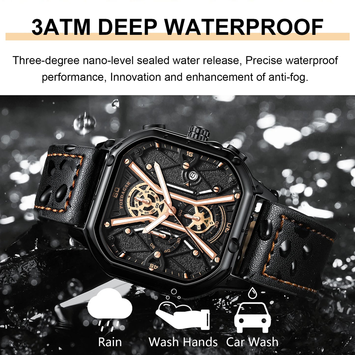 Chronograph Luminous Man Watch Square Dial Leather Quartz Men's Watches - TaMNz