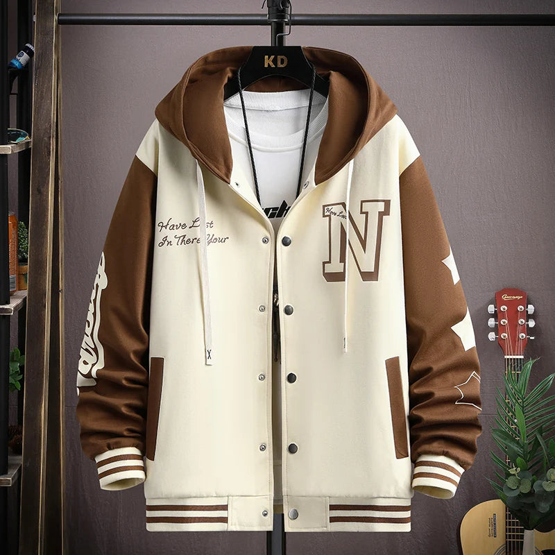 Trendy Hip Hop Hooded Baseball Uniform Unisex Lightweight Sportswear Jacket Men's Bomber Jackets Autumn Coat Letter Printed