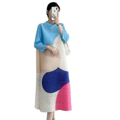 Miyake Women Pleated Dress Geometric Print Long Sleeve Half Turtleneck French Casual - TaMNz