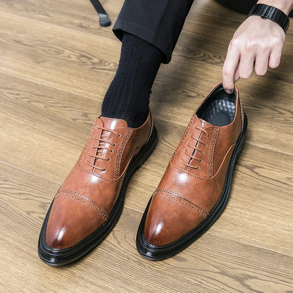 Brown Round Toe Lace-up Party Men's Formal Shoes Pu Leather Dress Shoes