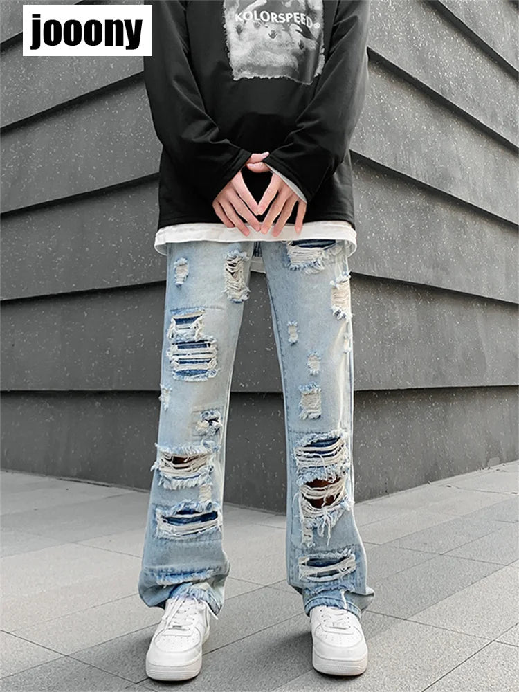Streetwear ripped hole jean femme baggy denim Jeans for men Man casual wide leg pants Men's jeans casual Male trousers mens - TaMNz