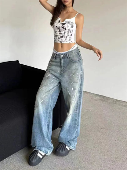 Women's Splashing Paint Graffiti Unisex Wide Leg Jeans Cool Girl Street Fashion Straight Pants Female High Waist Denim Trousers