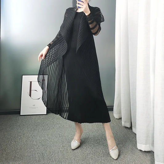 Miyake Pleated NEW High Fashion Two Piece Sets Overall Vest Dresses for Woman 2023 Summer Plus French Lace Long Jacket - TaMNz