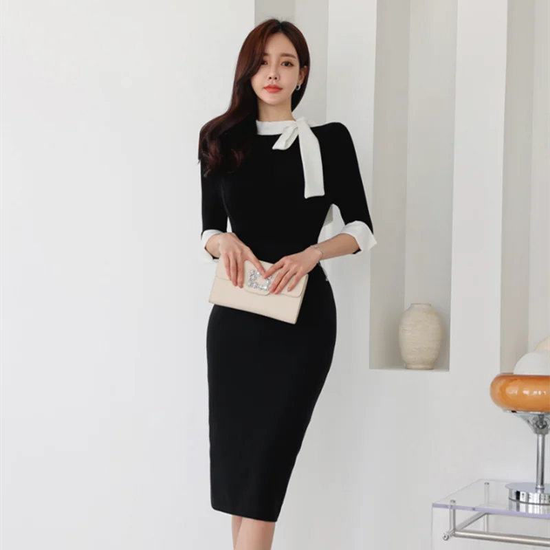 Elegant Formal Dress Black Lace-up 3/4 Sleeve Pencil Dress Summer Fashion Slim Bodycon Office Lady Work Dress - TaMNz