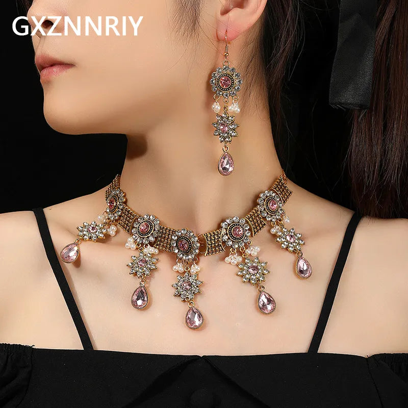 Vintage Crystal Flower Jewelry Sets for Women Accessories Rhinestone Antique Gold Color Necklace and Earrings Set Party Gift - TaMNz