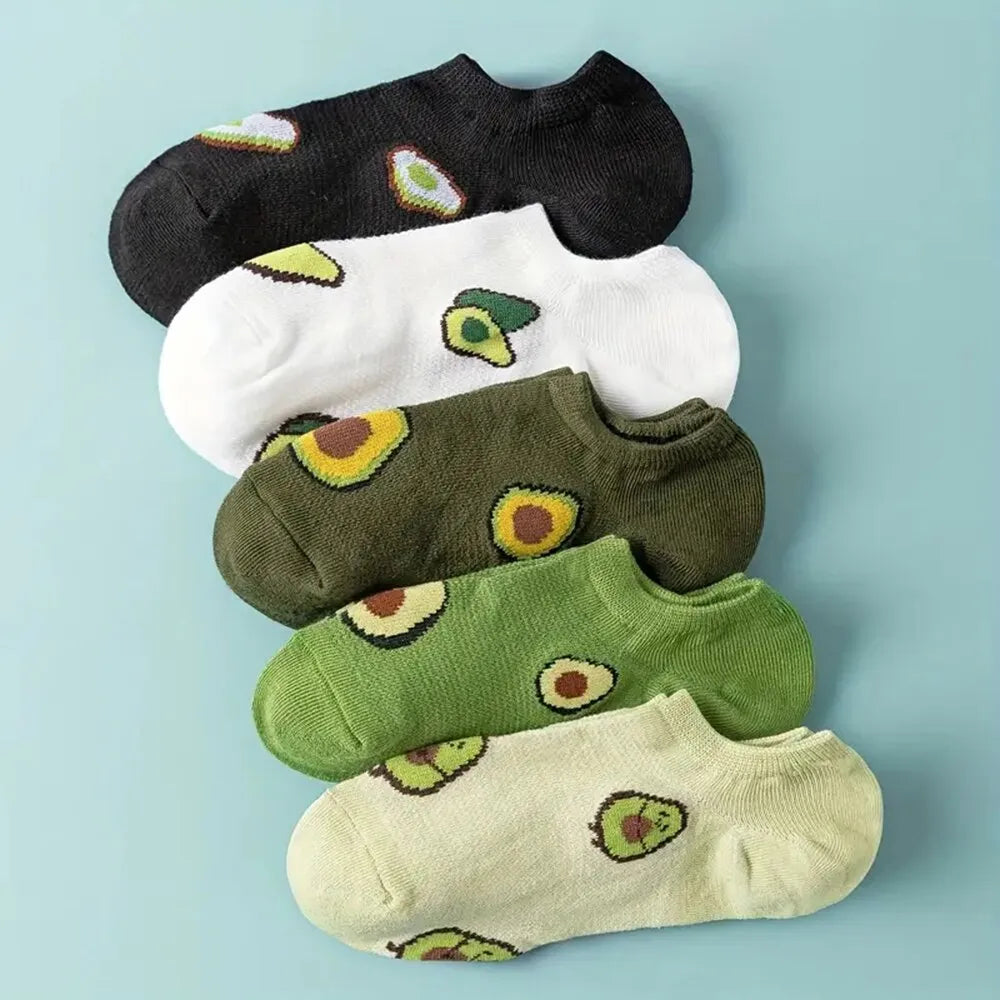 5 Pairs Avocado Crew Ankle Socks Cartoon Fresh Fashion Breathable Summer And Autumn Kawaii Comforts Women's Low Cut Boat Socks - Tamnz