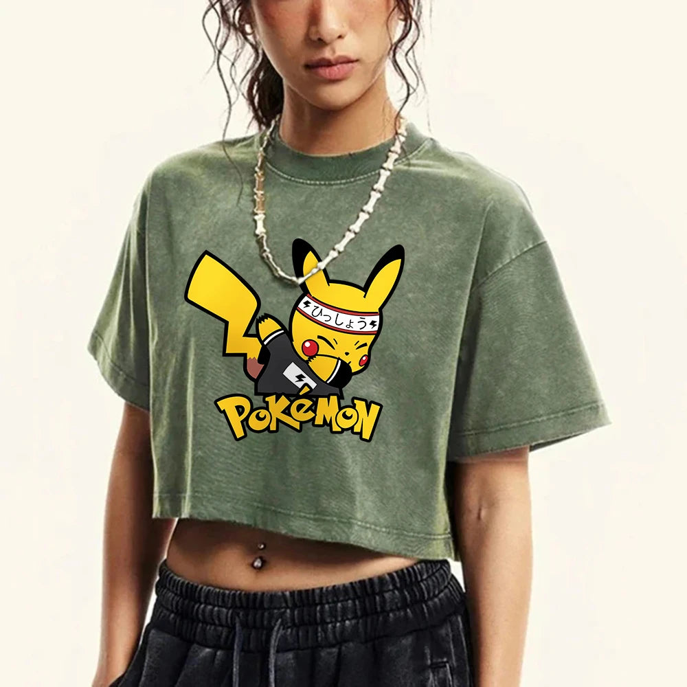 Japanese Anime Pikachu Woman T Shirts Summer American Retro Cotton Breathable Tee Shirt Fashion Casual Home Tshirt Short Sleeved