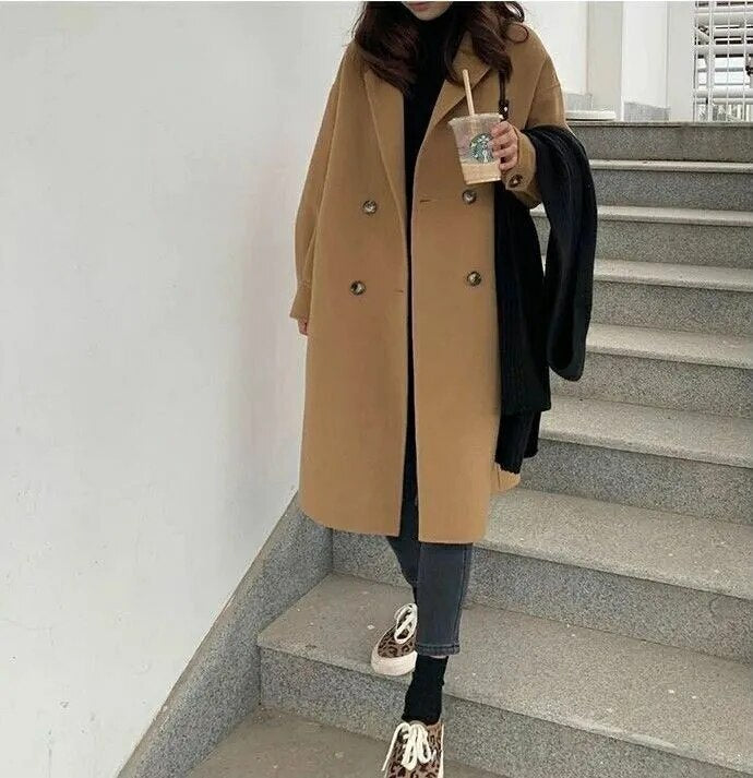 Elegant Woolen Trench Coat Winter Mid-Length Single-Breasted Warm Loose Wool Windbreakers Jacket Overcoat for Women Casual Coat - TaMNz