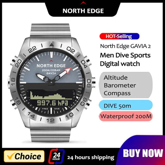 NORTH EDGE Mens Dive Watch Military Army Luxury Full Steel Smartwatch Compass Altimeter Barometer Digital Clock Waterproof 200m - Tamnz