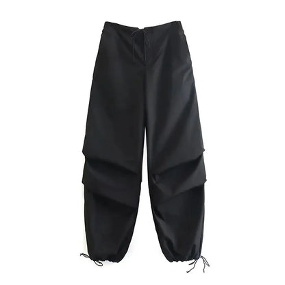 Womens Fashion Parachute Cargo Pants-Vintage Jogging Trousers with High Elastic Waist-Female Chic Lady Boot Cut - TaMNz