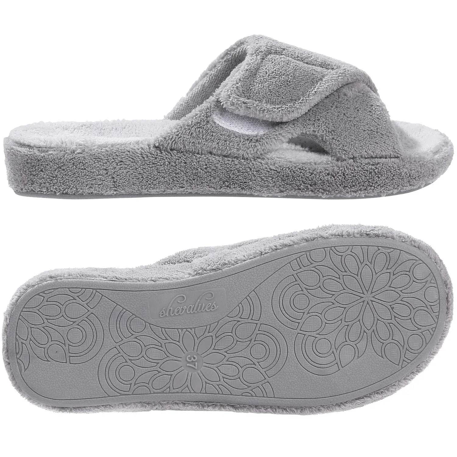 Comwam Four Seasons Arch Support Cotton Slippers Women Adjustable Terry Cloth Fuzzy Indoor Slippers Open Toe House Flats Shoes - Tamnz