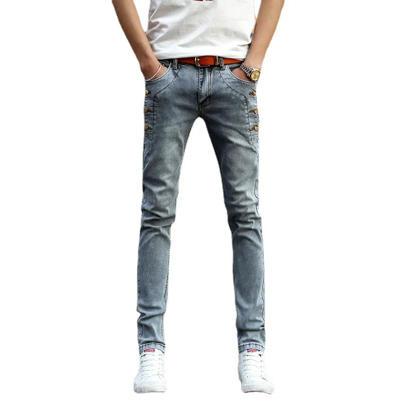 Spring Autumn Gray Blue Denim Jeans Men's Korean Button Designer Cowboy Streetwear Slim Feet 2022 Casual Skinny Long Pants Men - TaMNz