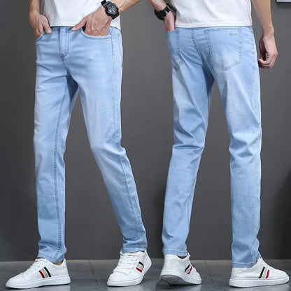 Thin Jeans Classic Style Fashion Stretch Regular Fit Denim Trousers Male Brand Men's Washed Light Blue - TaMNz