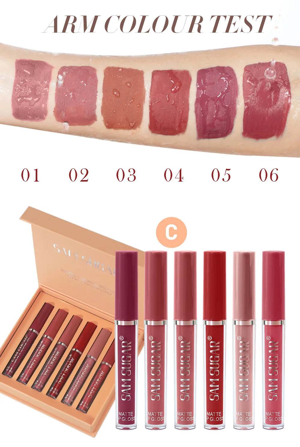 SAM SUGAR Long-Lasting Waterproof Non-stick Cup sexy colors Matte Mist Top 6 Lip gloss set Easy Color silky texture Lip glaze - Tamnz