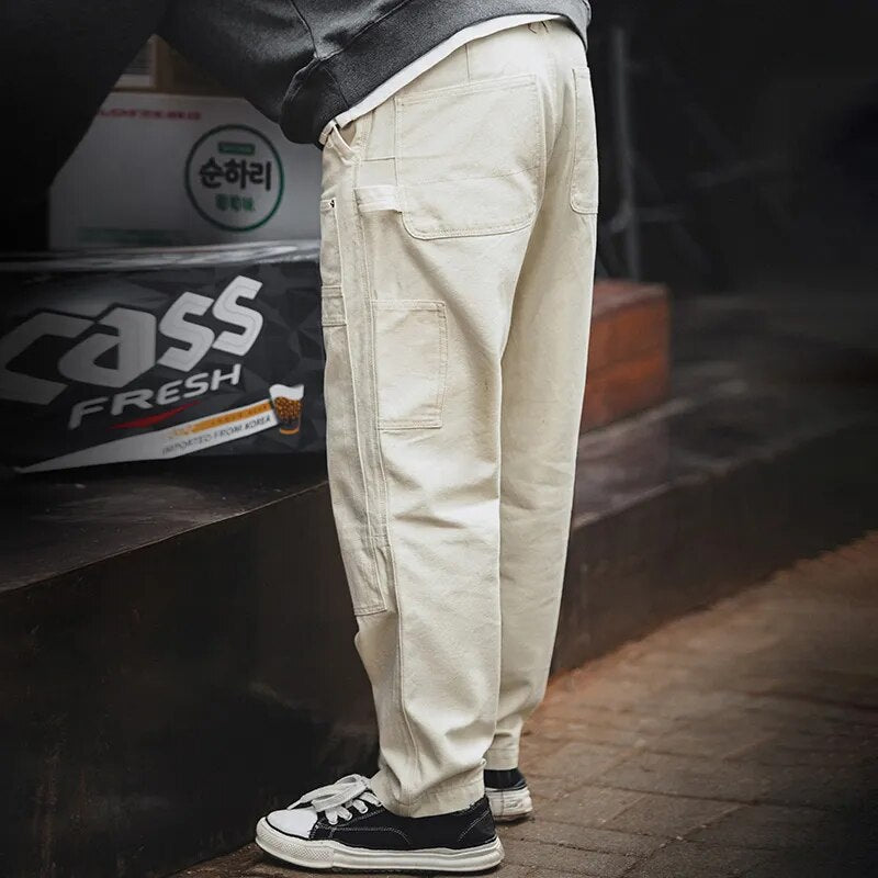 Maden Japanese Korean Style Vintage Loose Jeans Washed Straight Multi-Pocket Men's Cargo Pants Streetwear Carpenter Trouser - TaMNz