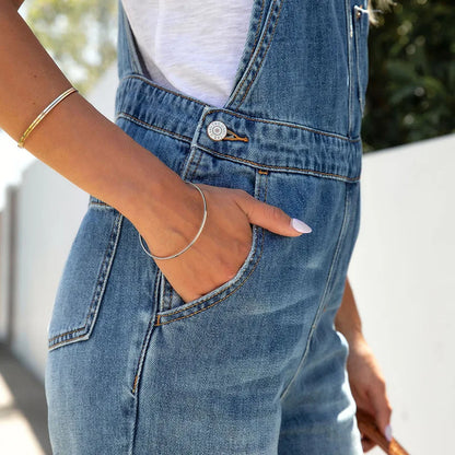 American Fashion Vintage Washed Pocket Casual Cotton Denim Straight Jumpsuit - TaMNz