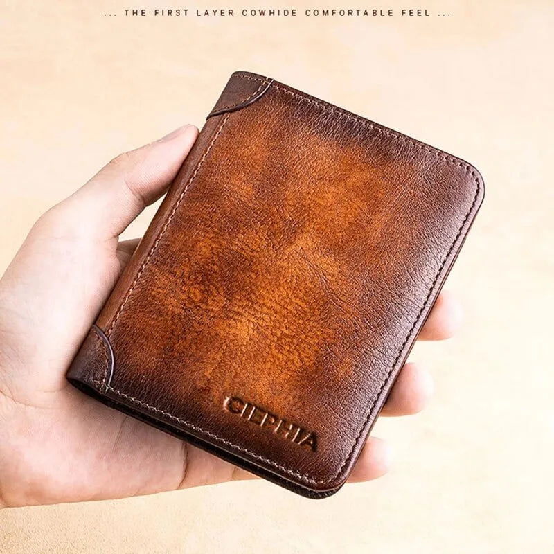 Genuine Leather Rfid Protection Wallets for Men Vintage Thin Short Multi Function ID Credit Card Holder Money Bag - TaMNz